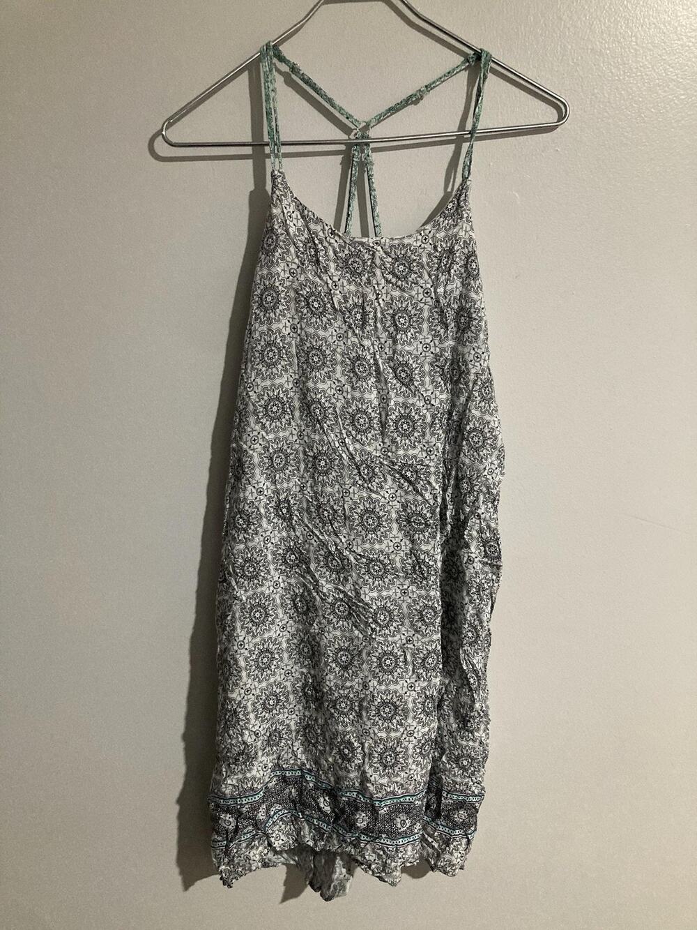 Hem & Thread Sundress Womens S White Geometric Strappy Midi Scoop Neck Tasseled